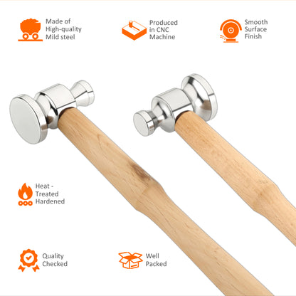 A two-sided flat face chasing hammer with a steel head and a wooden handle.