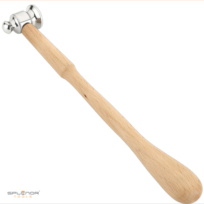 A two-sided dome face chasing hammer with a steel head and a wooden handle.
