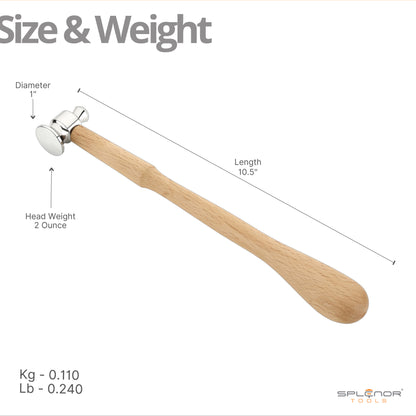 A two-sided dome face chasing hammer with a steel head and a wooden handle.