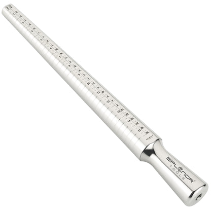 A stainless steel ring mandrel with a series of measurement markings, used for jewelry making and repair.