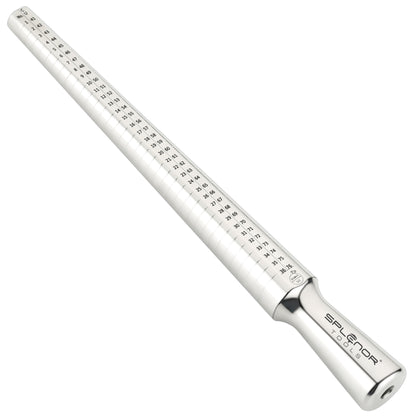 A stainless steel ring mandrel with a series of measurement markings, used for jewelry making and repair.