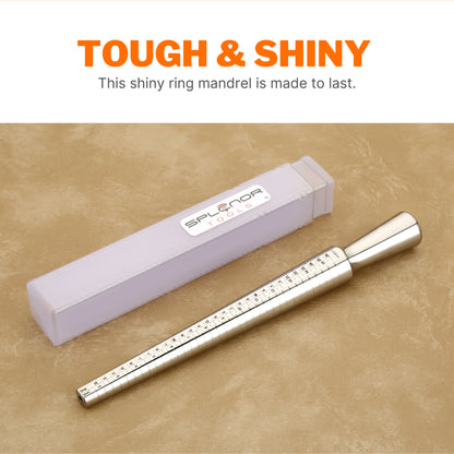 A stainless steel ring mandrel with a series of measurement markings, used for jewelry making and repair.