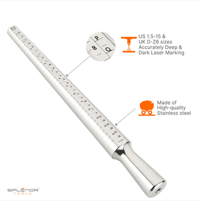 A stainless steel ring mandrel with a series of measurement markings, used for jewelry making and repair.