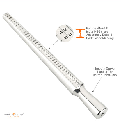 A stainless steel ring mandrel with a series of measurement markings, used for jewelry making and repair.