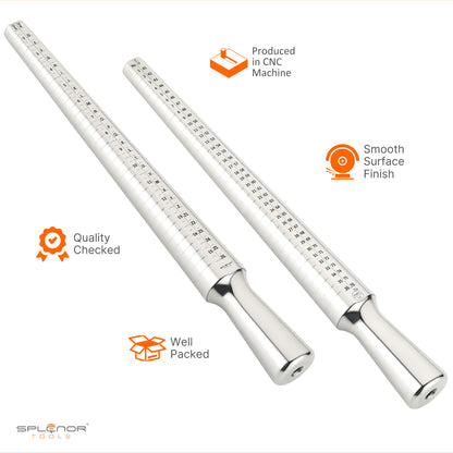 A stainless steel ring mandrel with a series of measurement markings, used for jewelry making and repair.