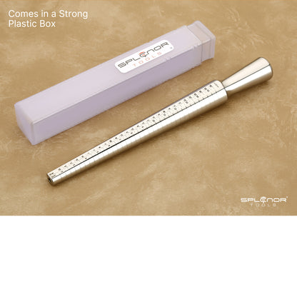 A stainless steel ring mandrel with a series of measurement markings, used for jewelry making and repair.