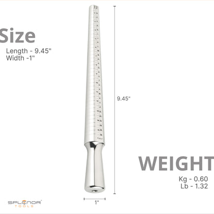 A stainless steel ring mandrel with a series of measurement markings, used for jewelry making and repair.