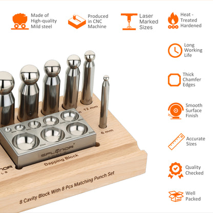 8 cavity dapping block with 8 punch set for jewelry making
