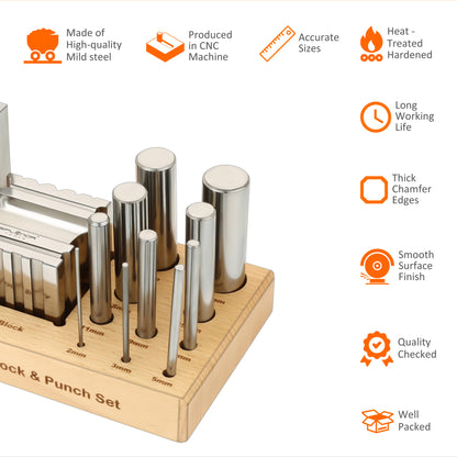 Swage block punch set for jewelry making with forming punches and block