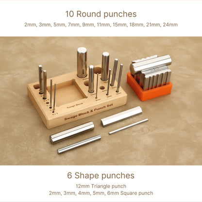 Swage block punch set for jewelry making with forming punches and block