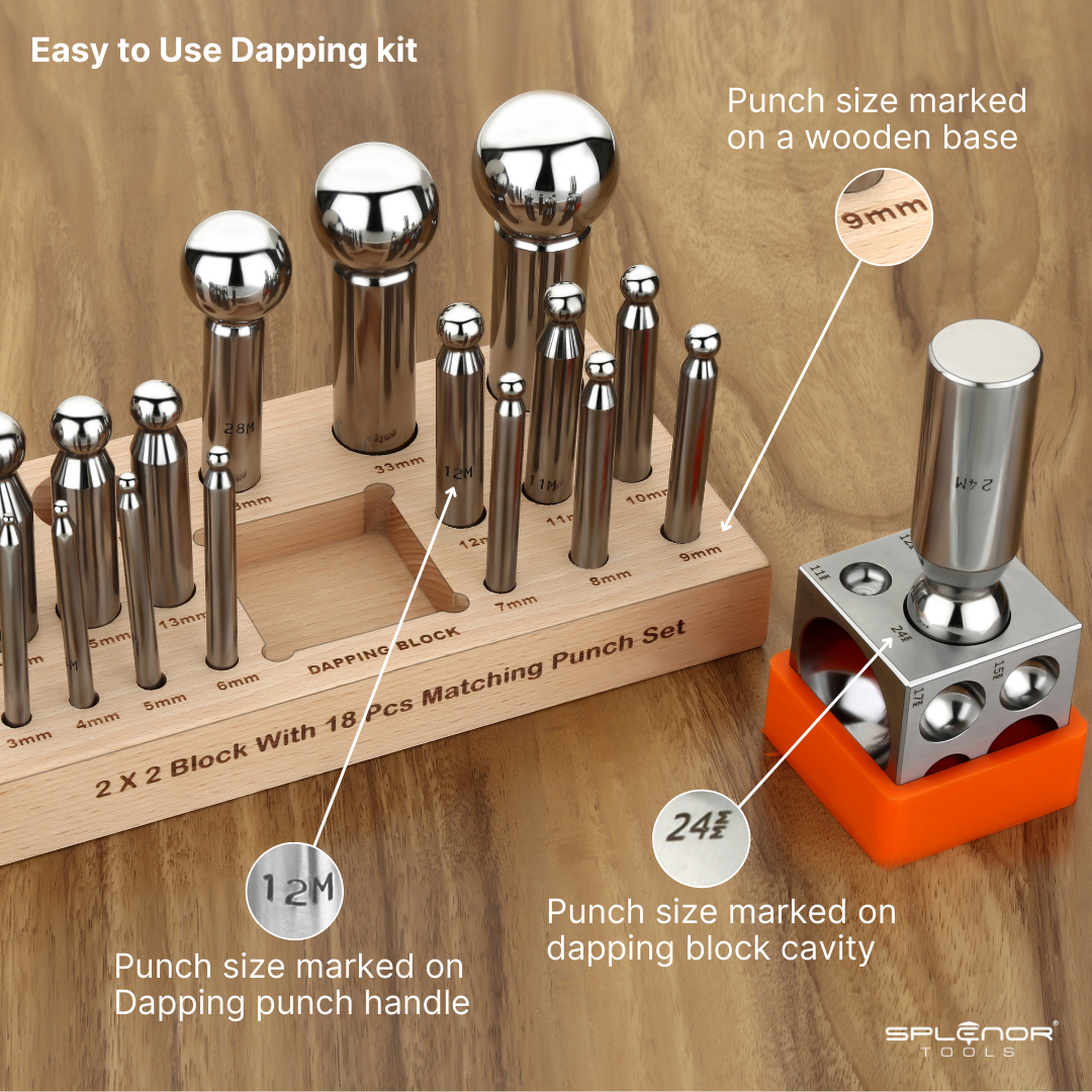 2" Square Dapping Block with 18 Dapping Punch Set
