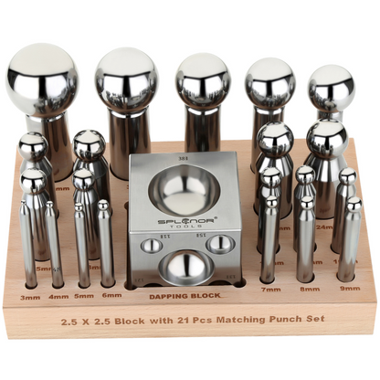 2.5 inch square dapping block with 21 punch set for jewelry making