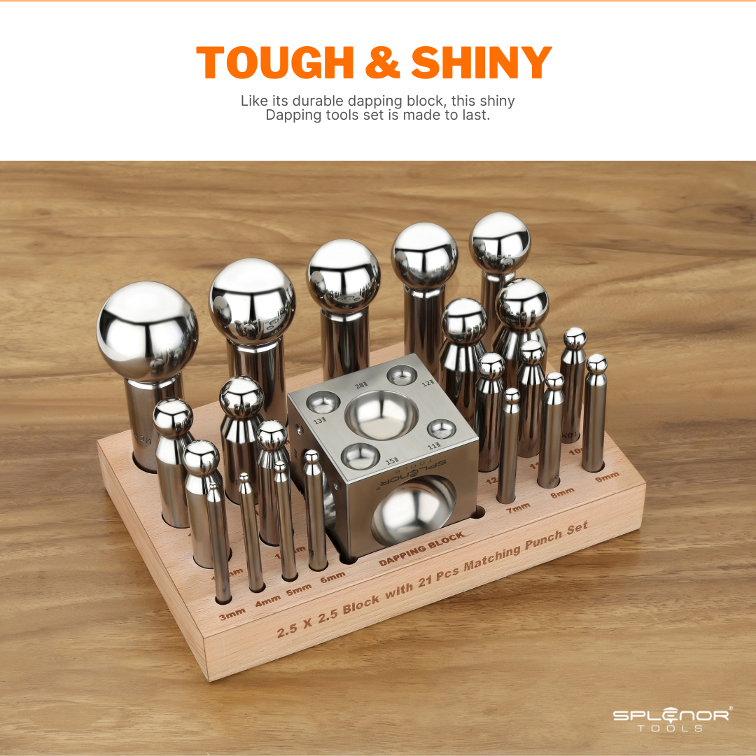 2.5" Square Dapping Block with 21 Dapping Punch Set