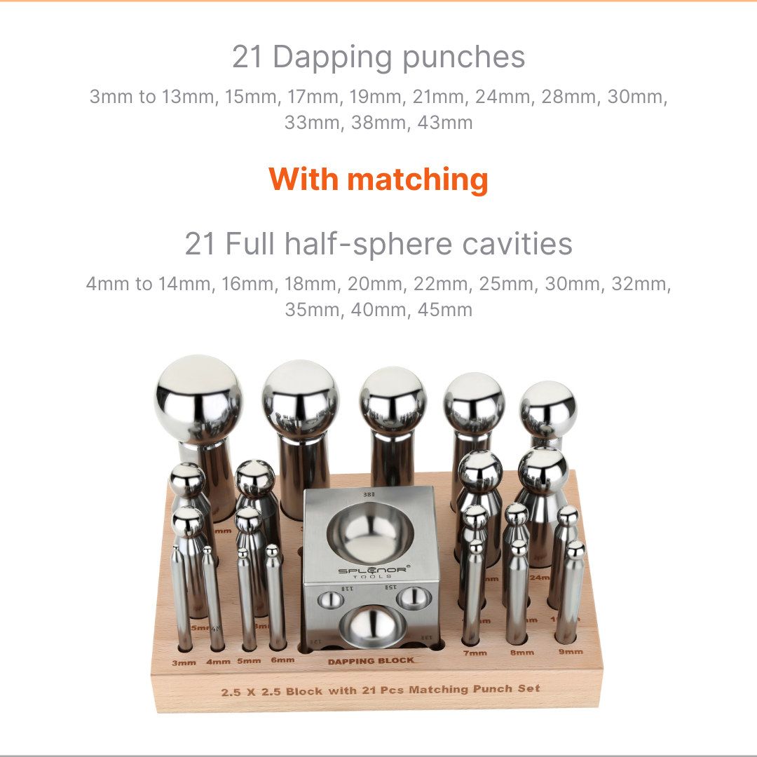 2.5" Square Dapping Block with 21 Dapping Punch Set