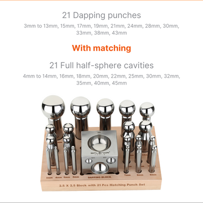 2.5 inch square dapping block with 21 punch set for jewelry making