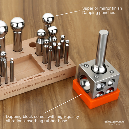 2.5 inch square dapping block with 21 punch set for jewelry making