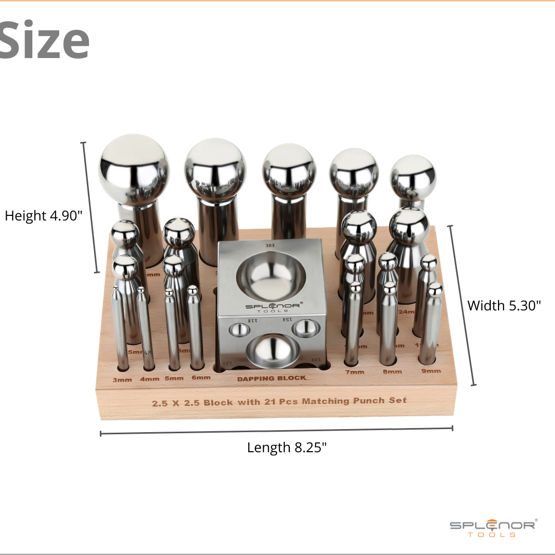 2.5" Square Dapping Block with 21 Dapping Punch Set